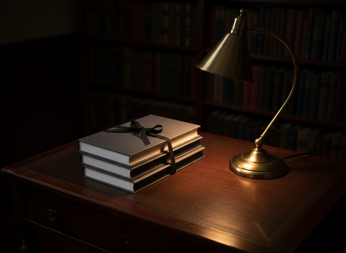 An elegant writing desk in a dim study holds a stack of three unmarked proof copies, each with a matte charcoal-gray cover and clean white edges, bound neatly with a narrow black ribbon. The desk’s surface is deep mahogany, subtly worn at the edges, with a single brass desk lamp casting a warm, focused pool of light across the stack, leaving the room’s corners in shadow. A wall of indistinct, dark-spined books rises behind, softly blurred. Captured in photographic realism from a slightly elevated three-quarter angle, the composition uses the rule of thirds to balance the luminous pages against surrounding darkness, creating a sophisticated, contemplative mood evoking an independent literary imprint at work.
