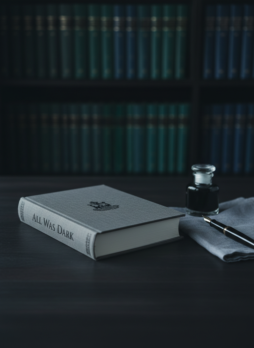 A single hardback novel titled “All Was Dark” lies closed on a dark, matte wooden table, its charcoal cloth cover subtly textured and embossed with a small, silver-blackwater emblem. Beside it, an antique glass ink bottle and a sleek black fountain pen rest on a folded linen napkin the color of storm clouds. In the background, out of focus, shelves of deep green and navy hardbacks recede into shadow. Cool, diffused evening light from an unseen window grazes the book’s spine, creating soft highlights and gentle, elongated shadows. Photographic realism at eye level with a shallow depth of field, evoking sophisticated, moody anticipation and the quiet gravity of literary fiction.
