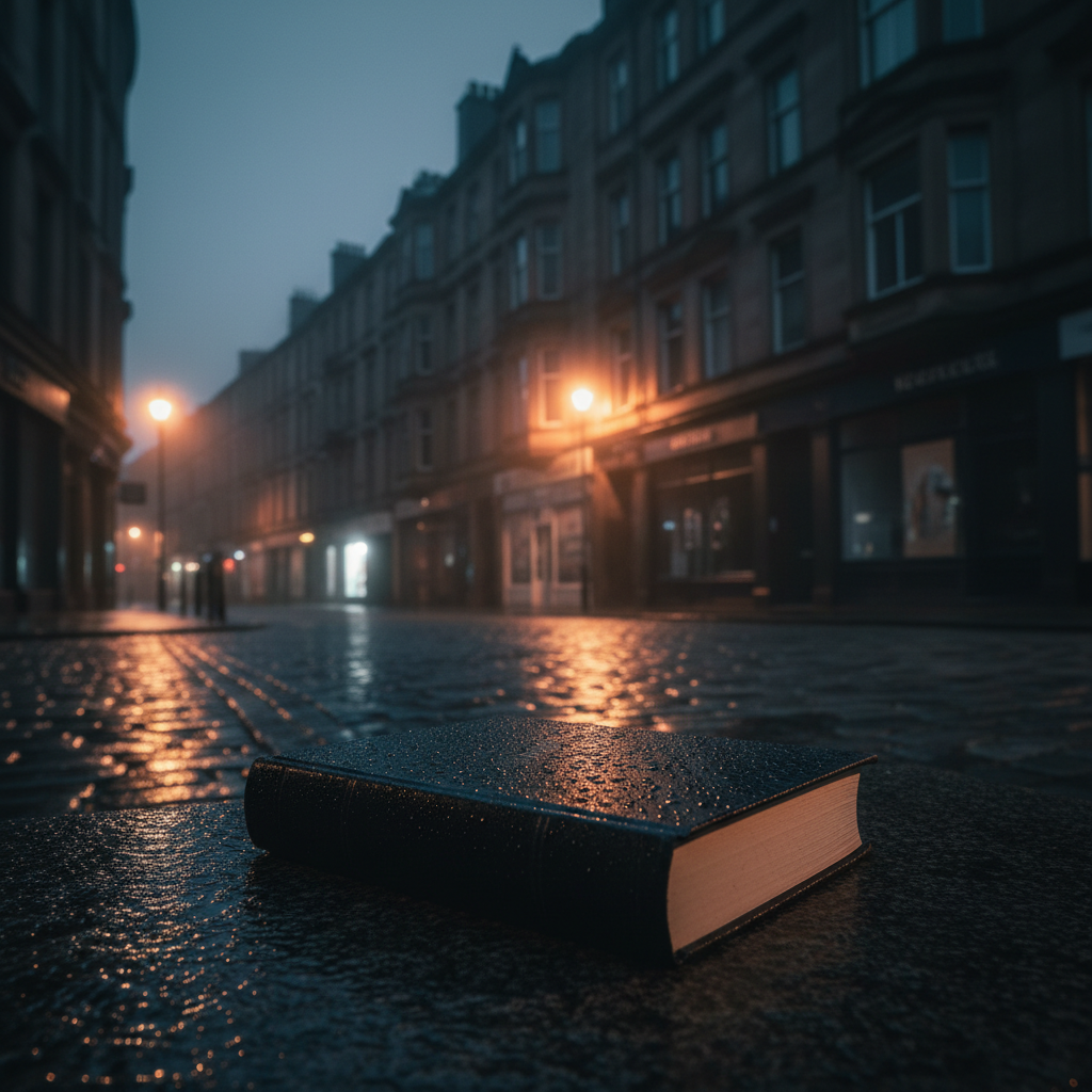A quiet Glasgow tenement street at night, rendered in photographic realism, rain-slick cobblestones reflecting glints of sodium streetlights. In the foreground, a single black hardcover book with no visible title sits on a stone step, tiny droplets of water beading on its surface. The surrounding sandstone buildings loom softly in the background, their windows mostly dark except for one dimly lit bay window glowing amber. The scene is framed from a low, cinematic angle, emphasizing the book as a mysterious focal point. Light mist hangs in the air, diffusing the streetlights and deepening the atmosphere into something tense yet elegant, suggestive of atmospheric commercial and literary fiction rooted in Glasgow.